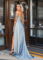 Katherine | Blue Prom Dresses Long Mermaid Satin Off the Shoulder with Slit - Dusty Blue - PromDressClub